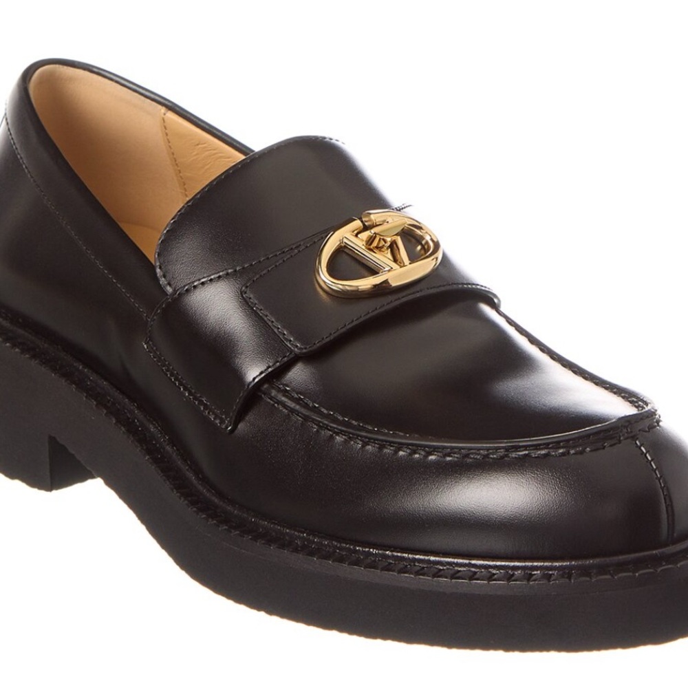 Valentino Authentic Women’s Black Leather Loafers with Gold Accent